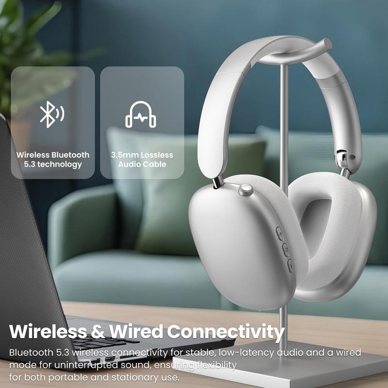 Wireless Headphones - 52dB Noise Cancellation, 5 Smart ENC Mics, Detachable Fabric Ear Cushions, 120 Hour Standby, Seamless Dual Device Connection for All-Day Use and Boosted Productivity