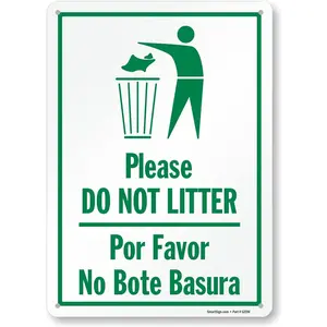 14 x 10 inch “Please Do Not Litter, Por Favor No Bote Basura” Metal Sign, 40 mil Laminated Rustproof Aluminum, Green and White, Made in USA