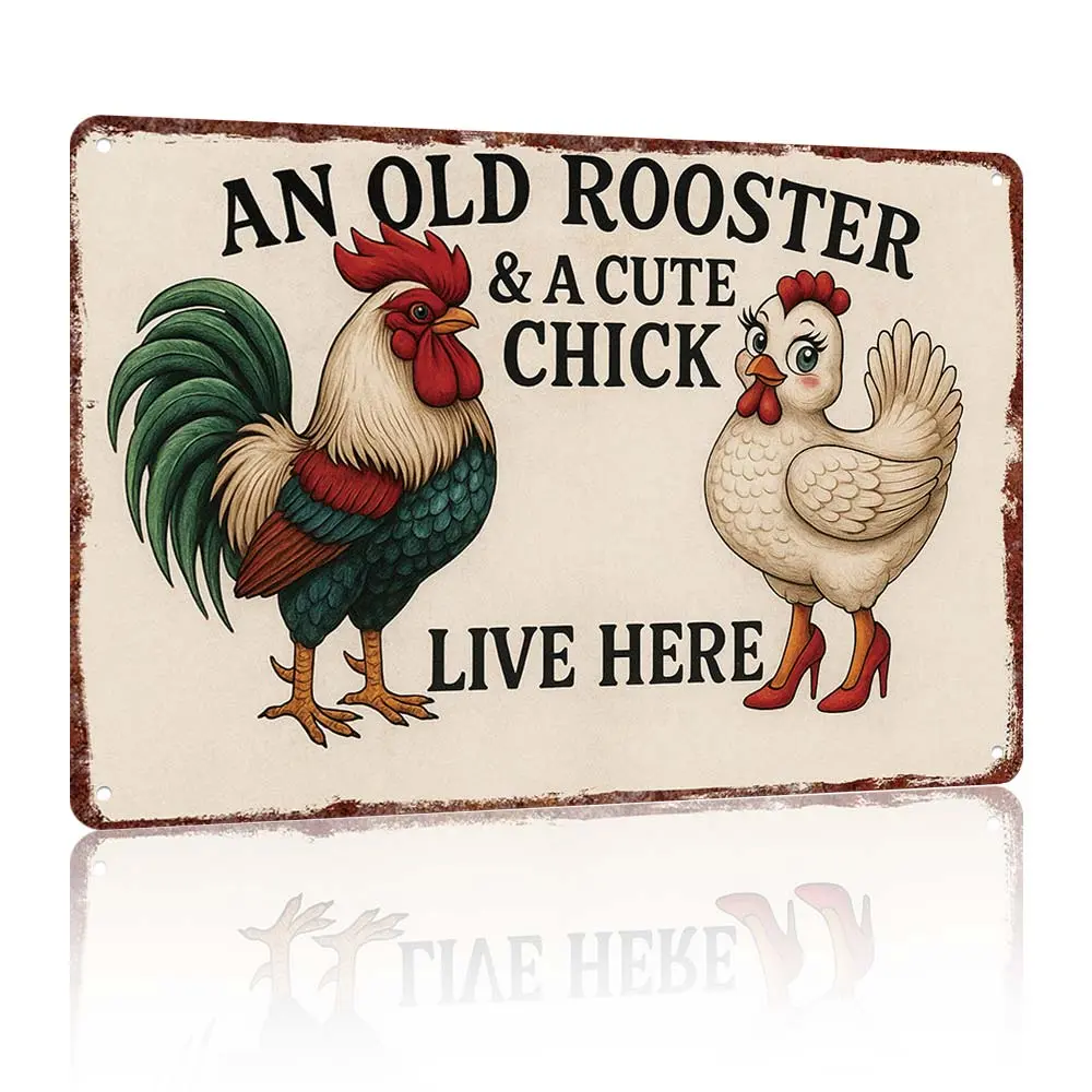 Vintage Plaque Decor - Rust-Resistant Retro Metal Aluminum Plaque, 12x8in "An Old Rooster & A Cute Chick Live Here" Farmhouse Wall Sign, Home & Kitchen Decoration, Universal Use Hanging Gift