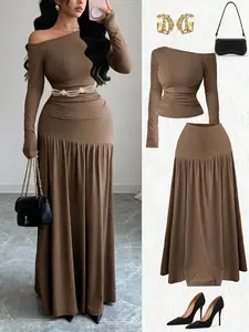 Women's Vintage Off-Shoulder Knit Set, Casual Long Sleeve Top + Flared Maxi Skirt, Fall Dating Commute Two-Piece
