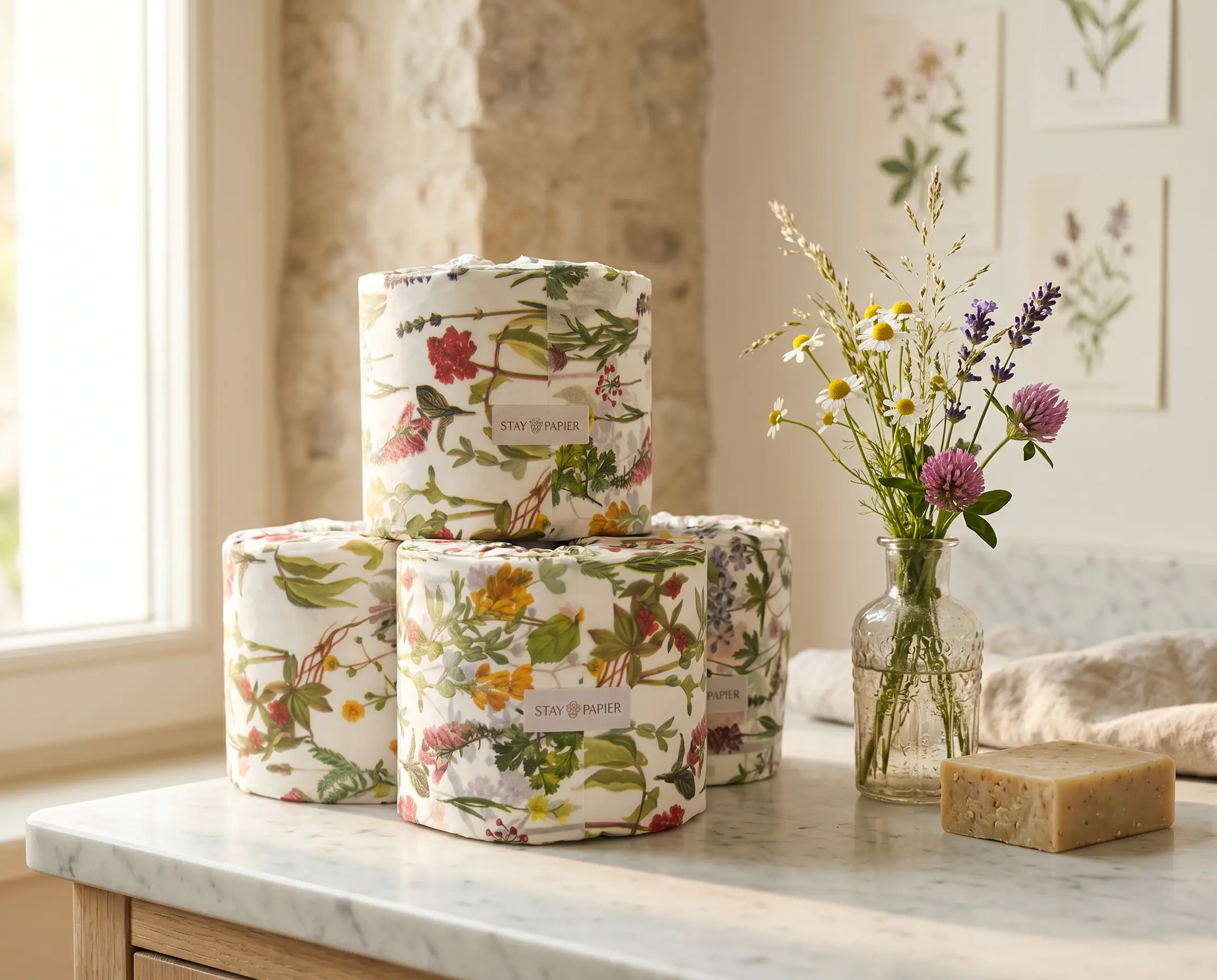 Stay Papier Wildflower Study Collection Septic-Safe Toilet Bath Tissue, Printed-Wrap Home Care Supply, Easy to Gift, Minimal Storage Daily Essential