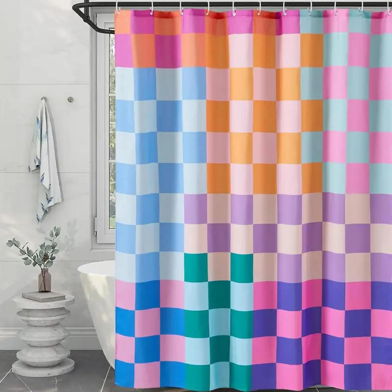 Colorful Pastel Geometric Plaid Pattern Shower Curtain, Exquisite Lovely Waterproof Shower Curtain with 12pcs Hooks, Shower Curtain Liner, Shower Room Decor for Home Bathroom Hotel Salon Dormitory, Shower Essentials, Showercurtain