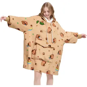 Wearable Blanket Hoodie for Women, Comfy Sherpa Sweatshirt Blanket as Birthday Christmas Gifts, Oversized Pullover Jacket Blanket Hoodie for Adult (Capybara, Adult)Gift