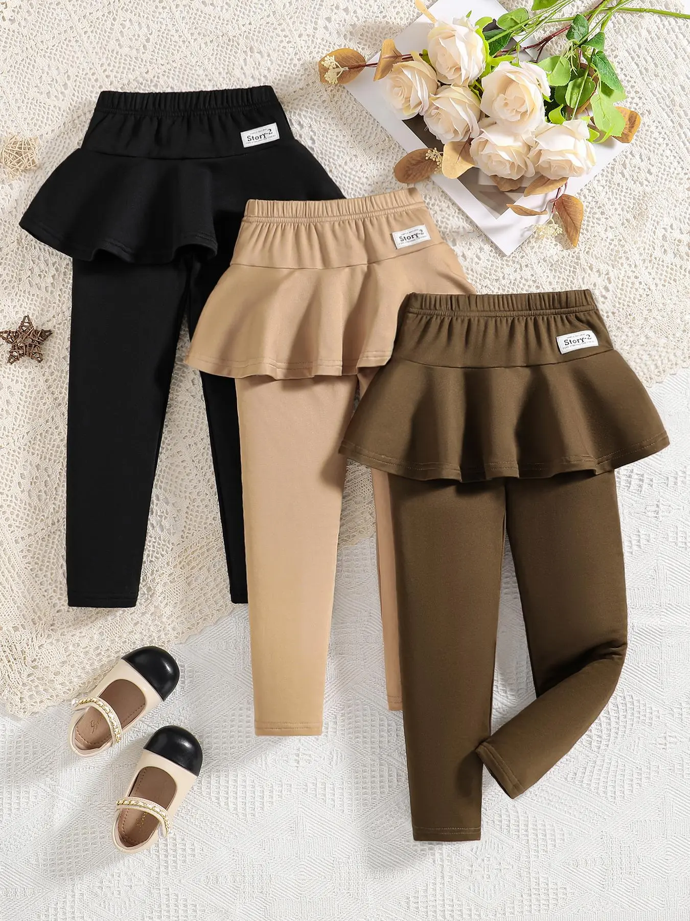 Toddler Girl's Ruffle Trim Pants, Casual Comfy Trousers for Daily Wear, Kids Plain Bottoms for Fall & Winter, Baby Girl Clothes