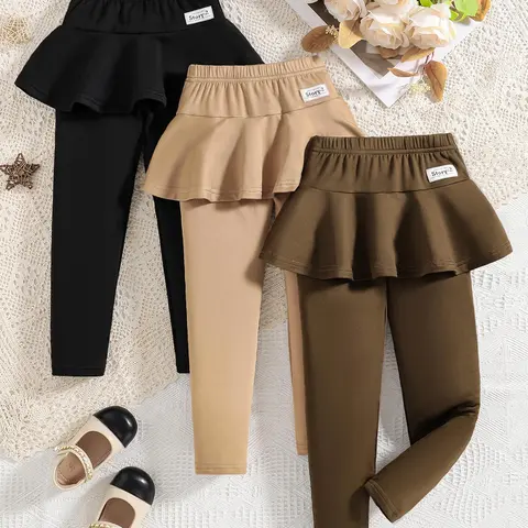 Toddler Girls' Ruffle‑Skirt‑Overlay Leggings, Casual Comfy Trousers for Daily Wear, Kids Plain Bottoms for Fall & Winter, Baby Girl Clothes, Clothing