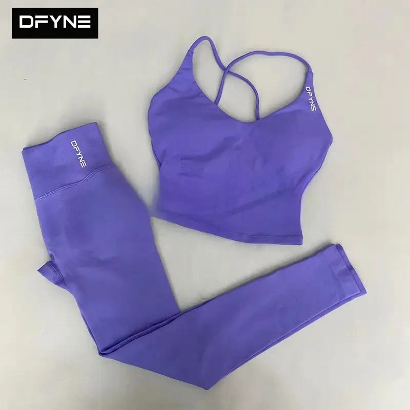 DFYNE Seamless Strappy Tank Top & Leggings Set| Padded Criss-Cross Backless Longline Sports Bra with High Waisted Yoga Pants 2-Piece Outfit for women