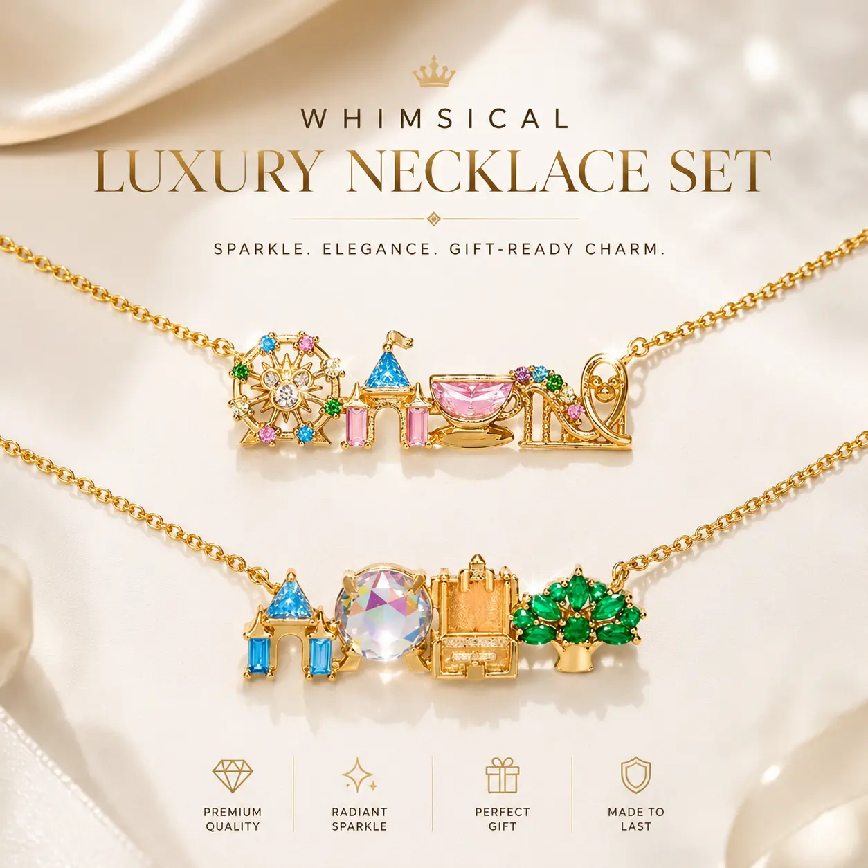 Women's Whimsical Luxury Layered Pendant Necklace Set - Gold-Tone, Colorful Crystal Charm, Storybook Fairy Tale Inspired Whimsical Jewelry, Gift-Ready Costume Accessory
