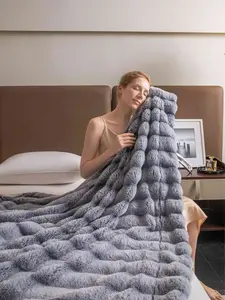 Lanrest Blue Gray Designer Print Faux Rabbit Fur Plush Blanket Super Soft Cozy Warm Throw for Bed Sofa Couch Fluffy Comfort Home Styling Winter Lounge Nap AC Room Travel Festival Gift
