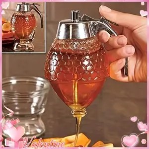 Honey dispenser with holder - for syrups, sauces and condiments, - versatile kitchen gadget for olive oil, chocolate, condensed milk