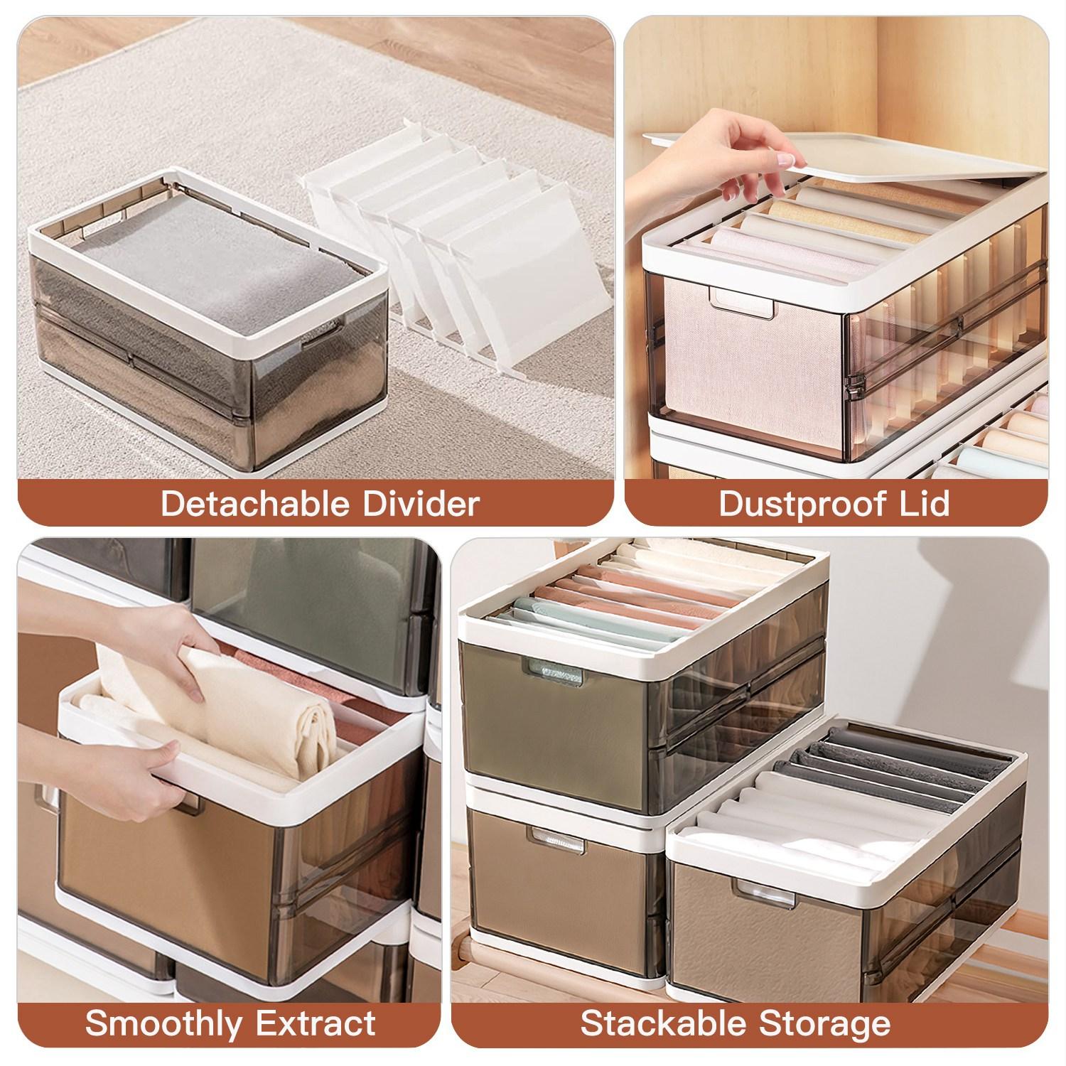 Set of 3 foldable storage boxes with lids, stackable plastic cabinet organizers, with handle dividers and a foldable drawer organizer, suitable for toys and clothing. Collapsible Multifunctional Bins