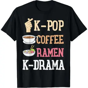 100% Cotton K-Pop Coffee Ramen K-Drama Funny Korean Girl Boy Band Hangul T-Shirt