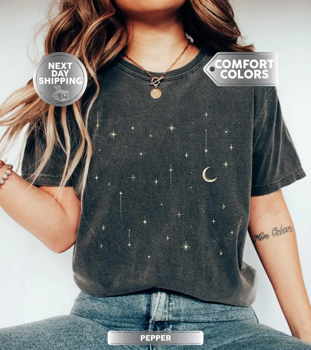 Starlight Shirt, Celestial Tee, Mystical Moon Shirt, Space Stars T-Shirt, Astrological Gift, Moon Phase Shirt, Spiritual Tee, Must-Have Basic, Always Handy, Everyday Basic, Never Outdated
