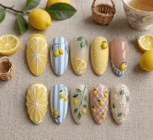 Summer Lemon Press On Nails, Fresh Citrus Nail Set, Yellow Blue Nails