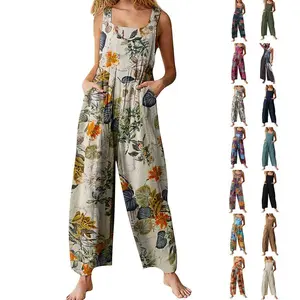 Overalls for Women Patchwork Dual Pocket Jumpsuit Loose Floral Print Wide Leg Bib Overalls