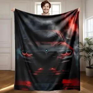 1 piece BMW M4 black modified sports car with cool lighting at night themed flannel blanket, Throw blanket, suitable for sofas and beds, all-season multi-purpose, super soft and warm, digital printing, 100% polyester material