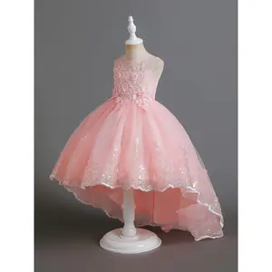 Girls Red Sleeveless Lace Embroidered Princess Gown With Trailing Tulle, Party Dress, Festive Piano Host