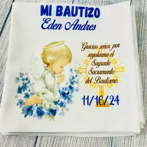 Recuerdos de Bautizo, Personalized Baptism Favors Eden Andres Custom Napkins 17x17 Polyester Cocktail Napkins with Angel Design & Custom Text for Christening