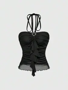 AESS Kawaii Spring/Summer  Women's Ruched Patchwork Turtleneck Sleeveless Black Top