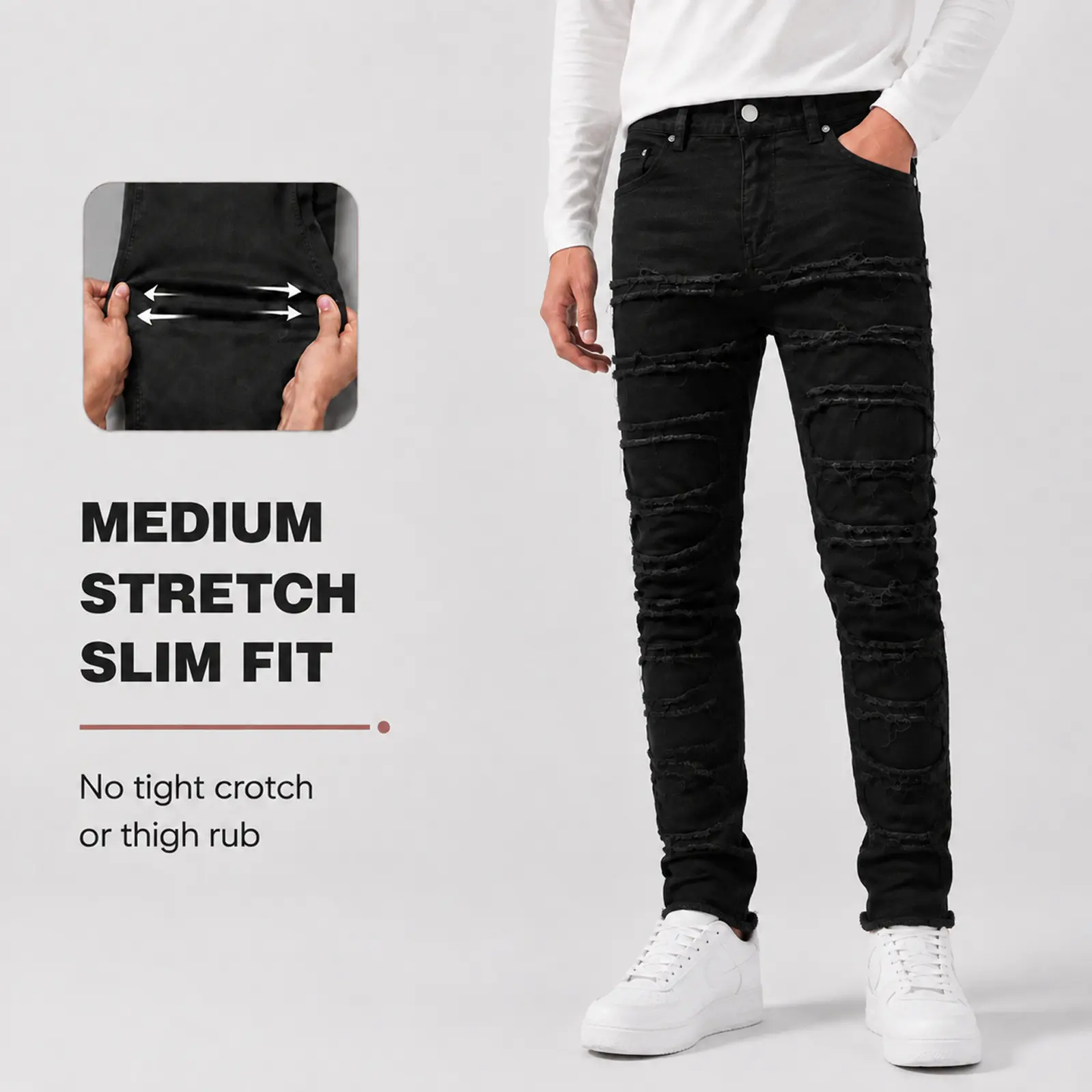 JUNBAOSS Men's Slim Fit Jeans, Ripped Up Acid-Washed Distressed Pants, Streetwear Style in Breathable Stretch Cotton, Natural Waist Sit, Acid-Washed Distressed Men's Jeans, Plain, Ripped Up Jeans