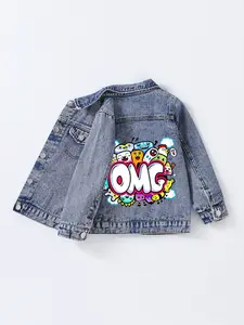 Little Artist Denim Jacket, Omg Cartoon Graffiti Print, Cute Washed Jean Jacket, Street Style Casual Wear, Ages 8 and Below