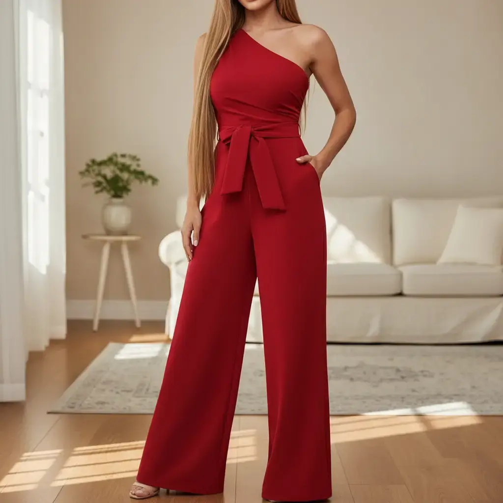 Women's European-Style Plain Modest Jumpsuit - Trendy New Arrival, Long Sleeve, V-Neck, Tie-Waist, Flared Pants