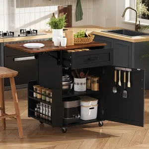 39.3" Farmhouse Kitchen Island with Drop Leaf, Rolling Kitchen Cart with Open Side Rack, One Drawer & Towel Rack, Lockable Wheels for Lawn, Garden & Kitchen