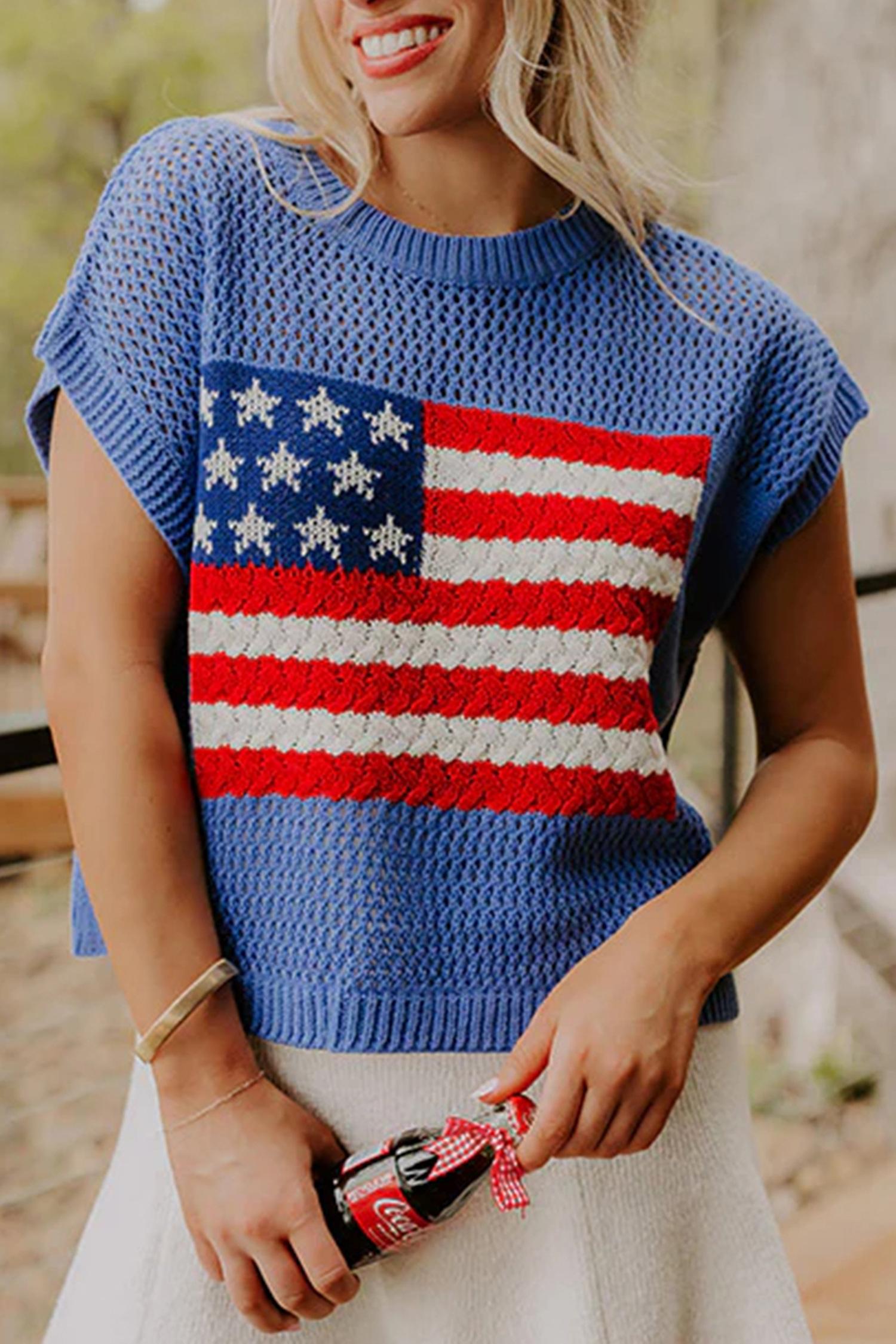 Mntaor Women's American Flag Graphic Relaxed Fit Short Sleeve Knit Sweater Top for Independence Day Festivals & Casual Streetwear Knitwear - Womenswear