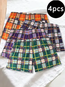 Men's Plaid Print Boxer Shorts, Casual Loose Fit Underwear, All-Season Comfortable Training Trunks, Fashion Gingham Design, 4-Pack