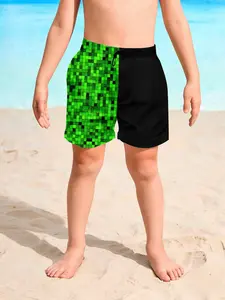 Beach Shorts Pixelated Split Printed, Creeper Design Casual Swimwear, Drawstring Waist Knee Length Fitted Shorts
