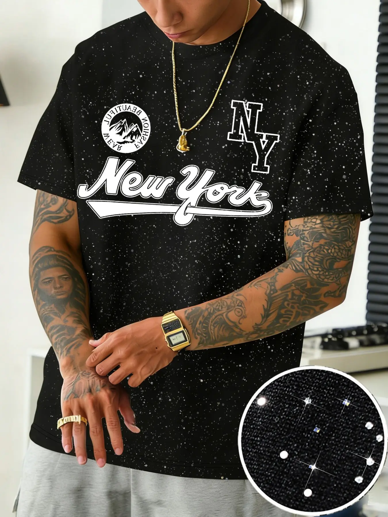 Men's Silver Color Short Sleeve T-Shirt, Round Neck, New York Theme Print, Casual Fitted Top, Daily Wear, Versatile Clothing, Menswear, Streetwear