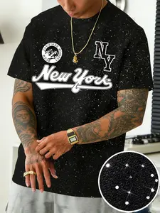 Men's Silver Color Short Sleeve T-Shirt, New York Theme Print, Casual Fitted Top, Daily Wear, Versatile Clothing, Menswear, Streetwear