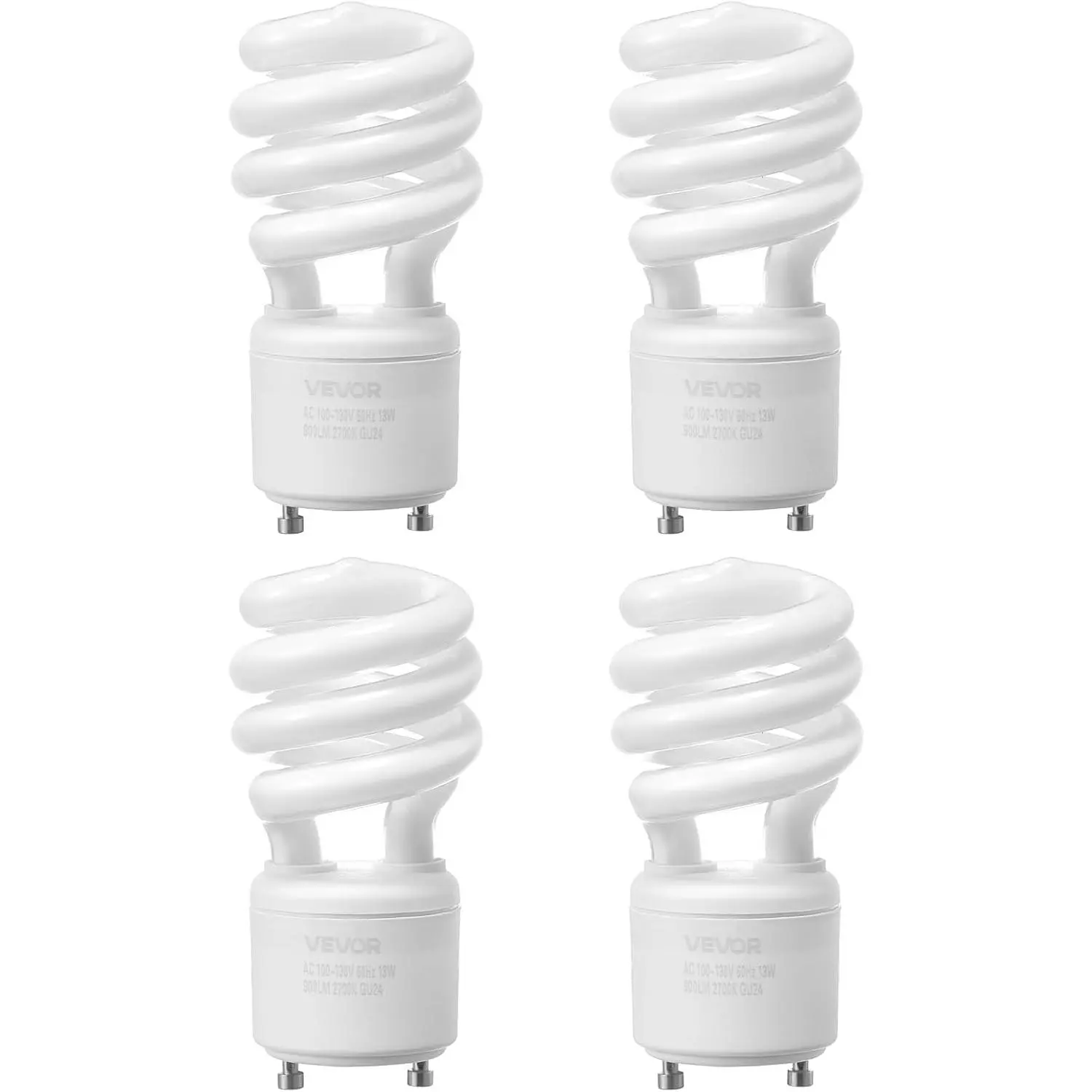 VEVOR 4-Pack CFL Light Bulbs, 13W Compact Fluorescent Spiral Bulbs with 2700K Warm Light, 900lm Luminous Flux, Twist and Lock GU24 Base, Ideal for Bedrooms, Study Rooms, Living Rooms, Commercial Use
