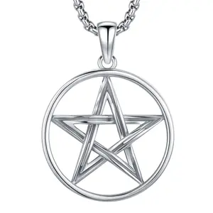 DRINSPER S925 Pentacle Necklace Classic Pagan Symbol 925 Sterling Silver Pendant Pentagram Necklace for Paganism