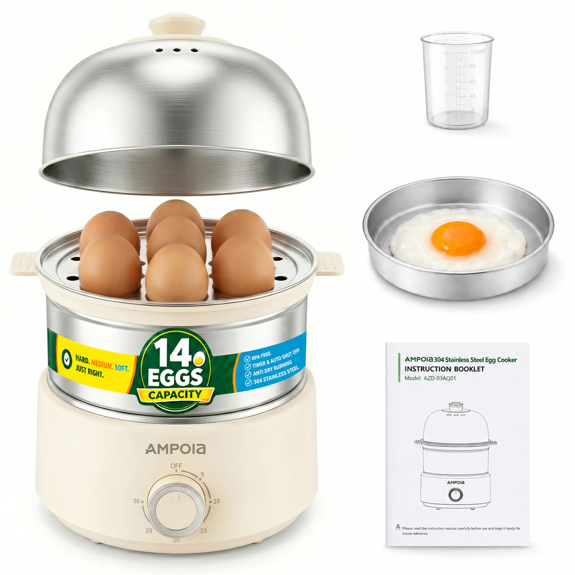 AMPOIA Rapid Egg Cooker 14 Egg Capacity, 350W Electric Egg Poacher, Boiler, Steamer & Omelette Maker Machine, Soft or Poached Eggs for Breakfast, 30-Min Timer, Auto Shut-Off, 304 Stainless Steel, BPA-Free, Includes Measurement Cup, Home Essentials