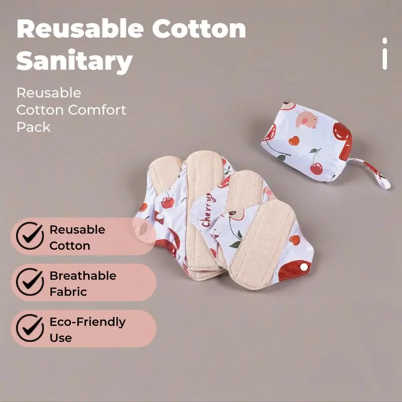 5-piece set of mesh cotton sanitary pads, washable and reusable pads for day and night use, menstrual pads made of pure cotton, breathable, comfortable and environmentally friendly, Absorbent reusable pads, Feminine Hygiene Products