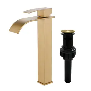 Deck Mounted Vessel Sink Faucet Square Brushed Nickel Single Handle Adjustable Flow Control Tall Taps Matte Black Waterfall Bathroom Basin Faucet Brushed Gold with Drain Stopper