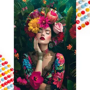 5D DIY Full Drill Round Diamond Painting - Diamond Art Kit with Vivid Flowers, Ethnic Costumes, Jungle Background, Mosaic, Canvas - DIY Decorative Painting, Home Wall Art, Suitable for Halloween, Christmas, Birthday, and Anniversary Gifts