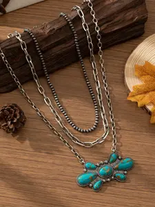 Western Layered Turquoise Necklace Set for Women - 3Pcs Stackable Silver Color Chain with Navajo Pearl Beads & Squash Blossom Pendant - Bohemian Cowgirl Jewelry Accessories & Gifts