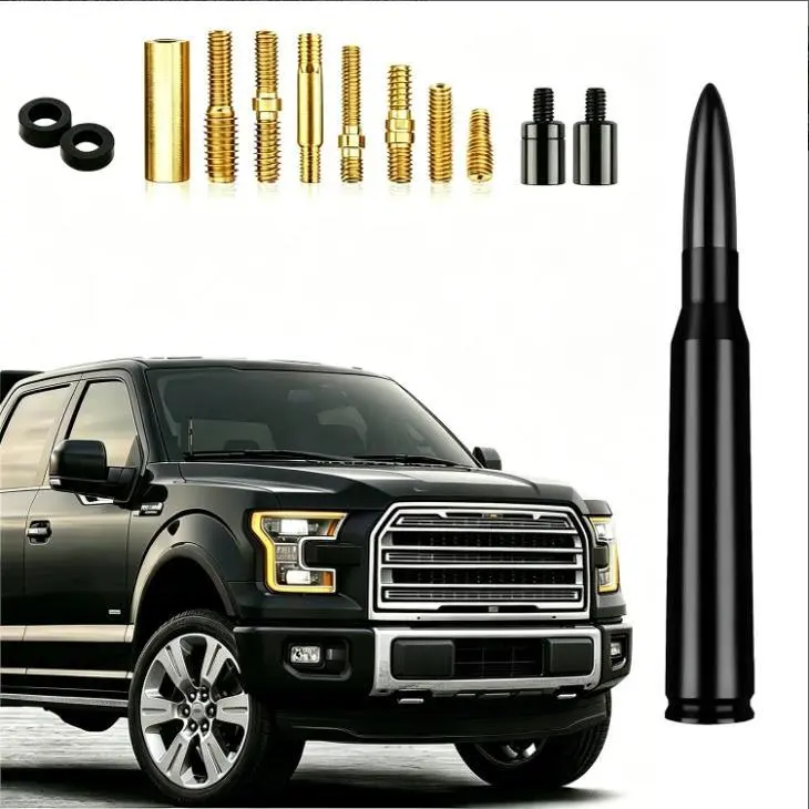 Short 50 BMG Bullet Antenna, 6061 Aluminum Alloy Frame with Durable Construction, Anti-Theft Design, Includes 10 Adaptors for Easy Installation, Car Wash Safe, All Seasons Compatible with Ford GMC Chevrolet Silverado Trucks, AM/FM/Bluetooth Signal Support