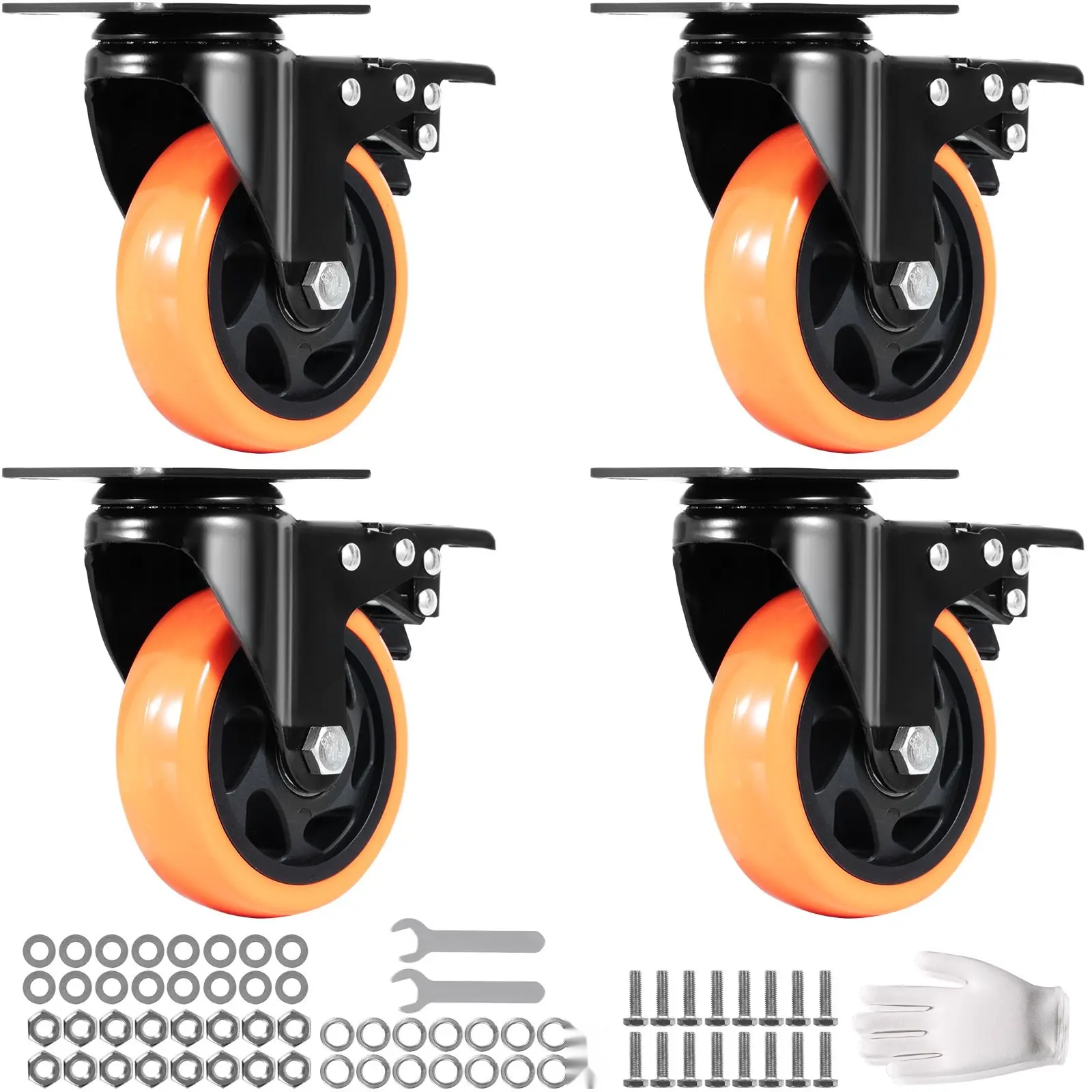 Caster Wheels 4-Inch Swivel Plate Casters Set of 4 with Security A/B Locking and No Noise PVC Wheels, Heavy Duty 350 Lbs Load Capacity Per Caster, Non-Marking Wheels for Cart, Furniture, Workbench, Industrial Use