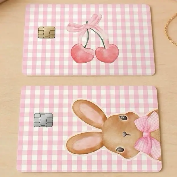 Cute Bunny & Cherries Coquette Card Sticker Cover - 3.37 in x 2.125 in Premium Water Resistant Vinyl Skin, Scratch-Resistant Laminated Shield for Standard Credit Cards, Scrapbooking DIY Accessory (Bunny, Animal Themes), Bunny Stickers