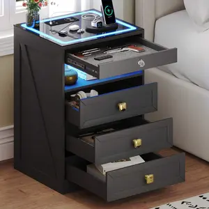 Nightstand With Lockable Gun Drawer Farmhouse Bedside  Charging Station 3 LED Lights 3 Drawers Glass Top End  For Bedroom Furniture Mirrored Console Table Inlay Marble Dining Mobile Standing Desk Wheels