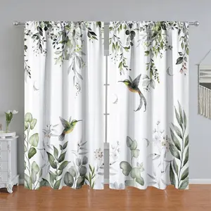2Pcs 2-piece, hummingbird and eucalyptus leaf printed curtain panel, nature inspired design, pole pocket style, semi sunshade polyester fiber, suitable for home living room, bedroom, balcony, kitchen, study shower window decoration, accessory