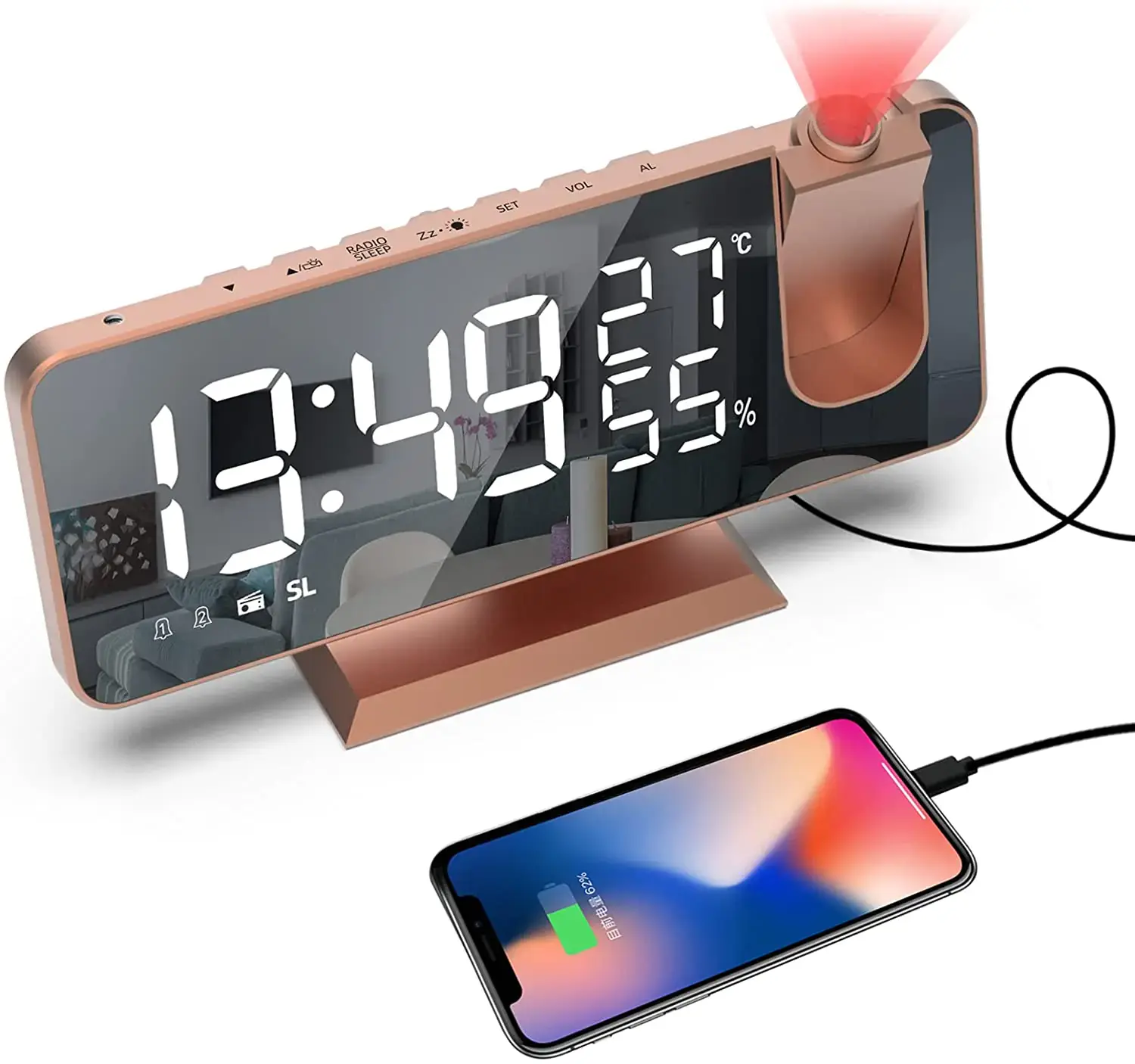 Aubess Minimalist LED Projection Digital Alarm Clock - Compact Electronic Desktop Display Screen Desk & Shelf Clock with Phone Charging Function, Home Decor & Supplies Essential, Compact Digital Led Desk & Shelf Clocks, Desktop Desk & Shelf Clocks