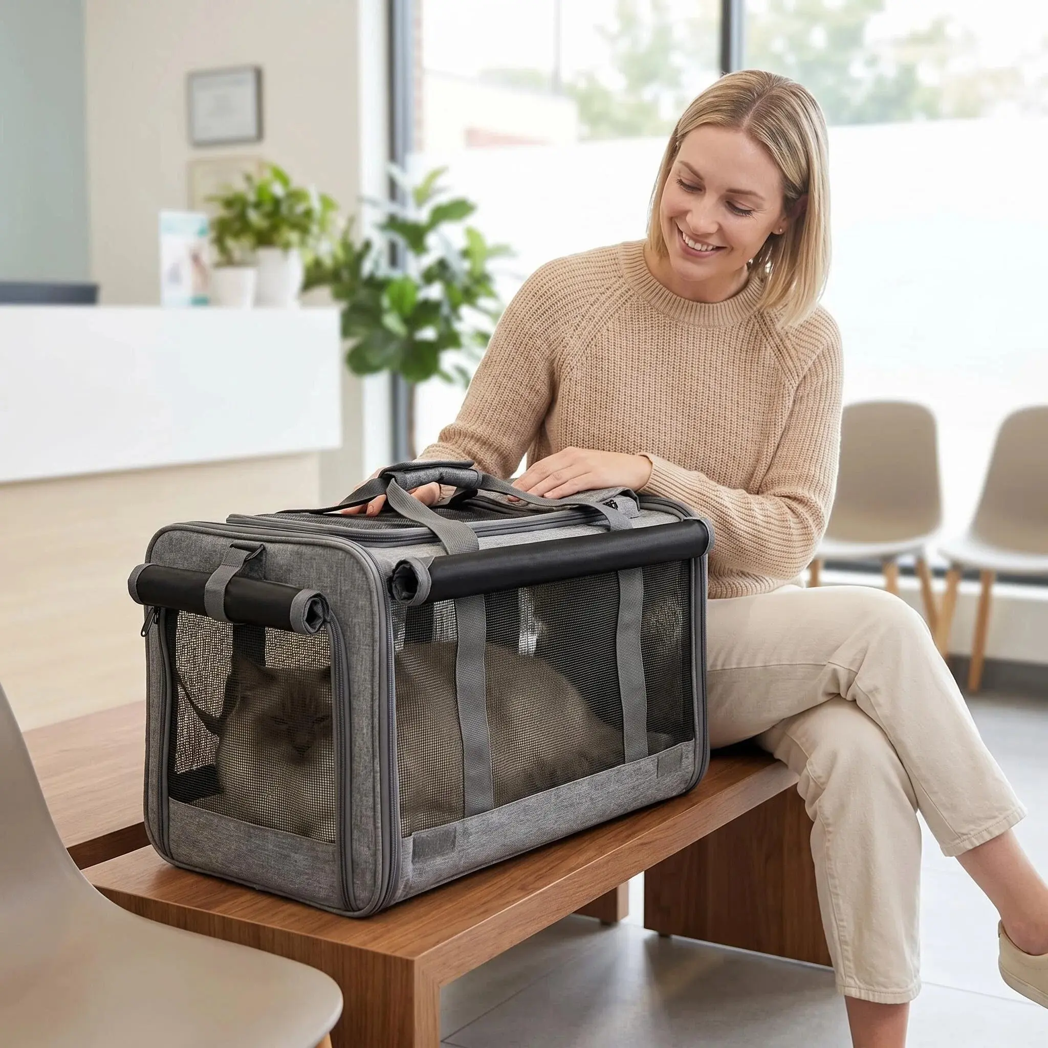 Collapsible Large Pet Carrier Bag, Soft Side Cat Travel Carrier Equipped with Washable Pad and Privacy Shade, Portable Carrier for Cats, Puppies & Small Dogs, Ideal for Travel & Vet Visits