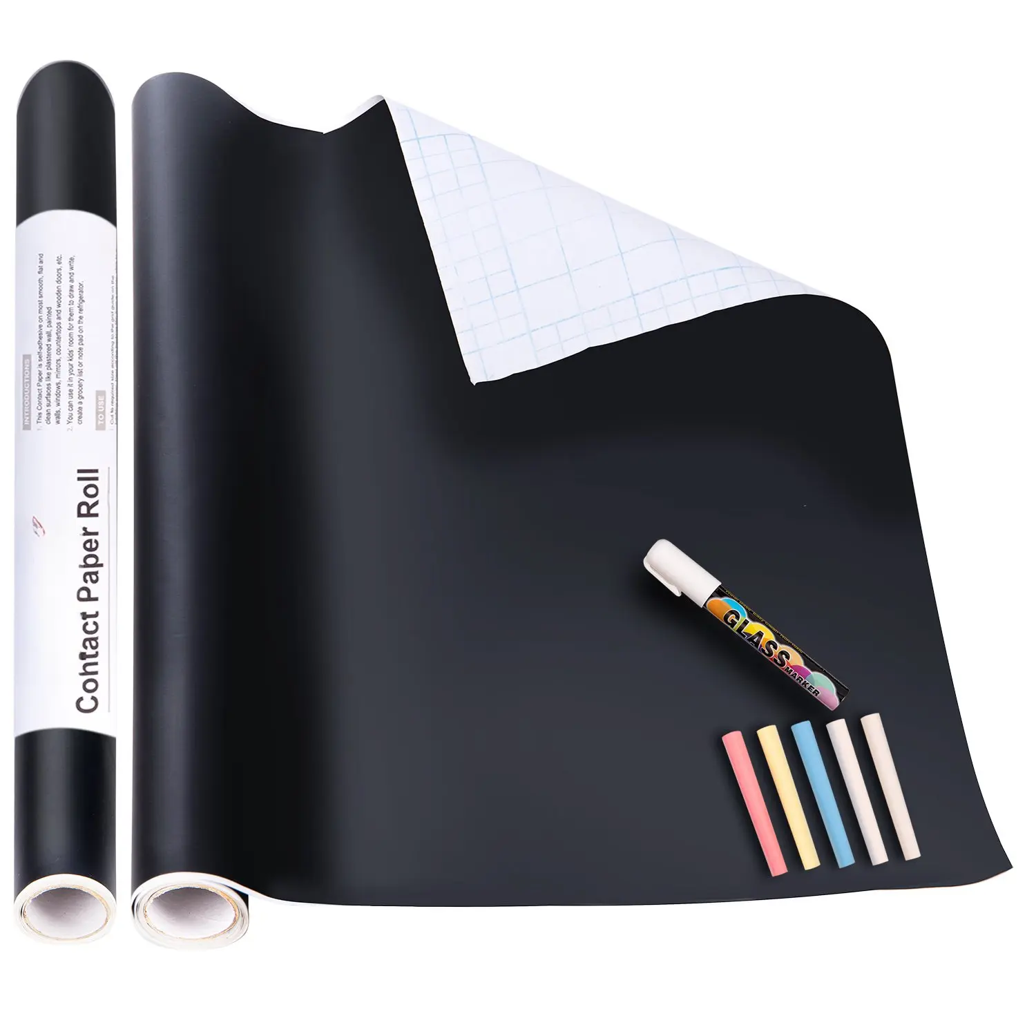 Chalk Paper, 17.7" X 78.7" Adhesive Chalkboard Contact Paper Removable Wall Decal Stickers with 1 Liquid Chalk Marker & 5 Colors Chalks for Home Office School Blackboard Restaurant Menu