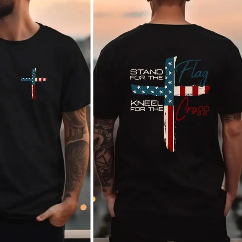 Stand For The Flag Kneel For The Cross 4th Of July 2 Sided T-Shirt, Graphic Tees for Women Cotton Fabric Casual Crew Neck Short Sleeve T-Shirt Trendy