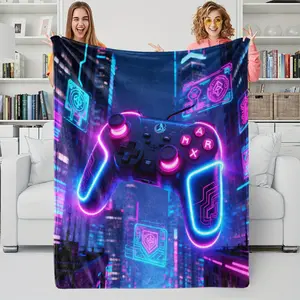 Neon Cyber Gamepad Digital Printed Flannel Blanket, Gaming Gift Blanket, Lightweight and Cozy Nap Blanket, Suitable For Bedroom, Gaming and Leisure, Futuristic Urban Cool Design, Suitable For All Seasons