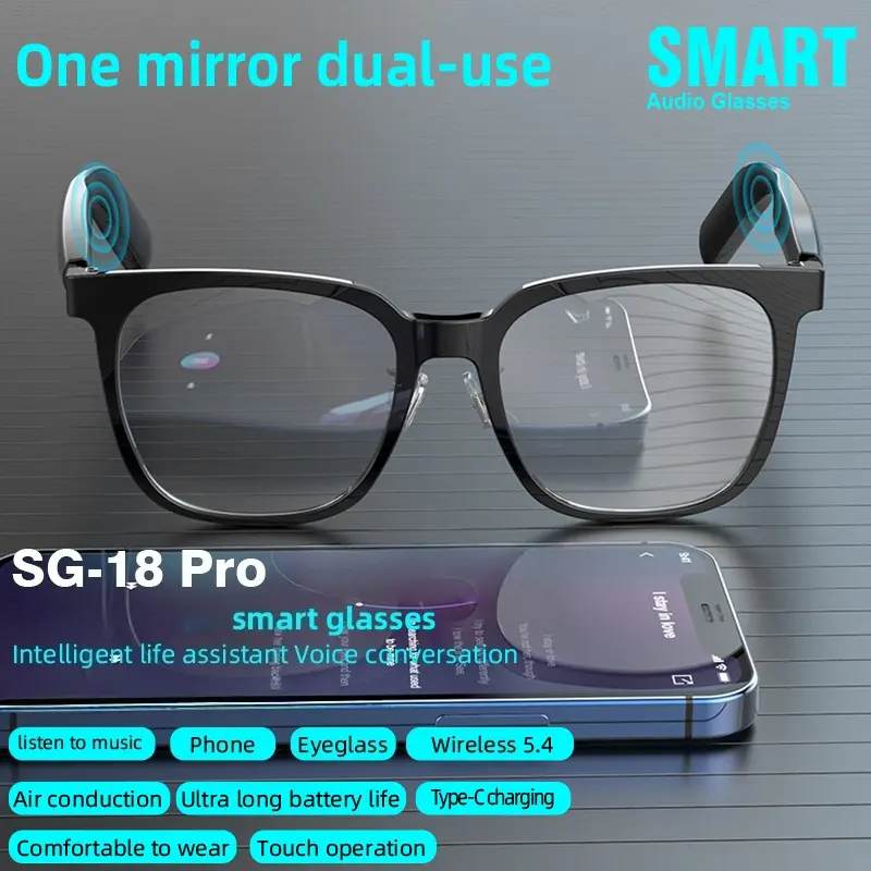 SG-18 Pro Single-Mirror Dual-Use Smart Audio Glasses - Bluetooth 5.4 Air Conduction Open-Ear Eyeglasses, Touch Control, Hands-Free Call, Music, Voice Assistant, Long Battery, Type-C Charging, Comfortable Square Optical Frame for Driving Commute Men, Weara