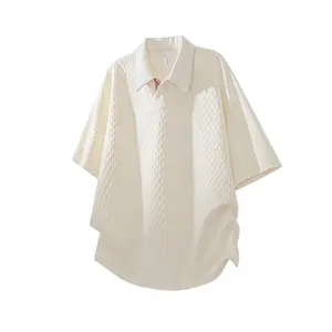 Summer New Heavyweight Knit Vintage Jacquard Polo Collar Short Sleeve T-Shirt Men's Fashion Loose Fit Turn-Down Collar Top Casual Versatile Breathable Shirt